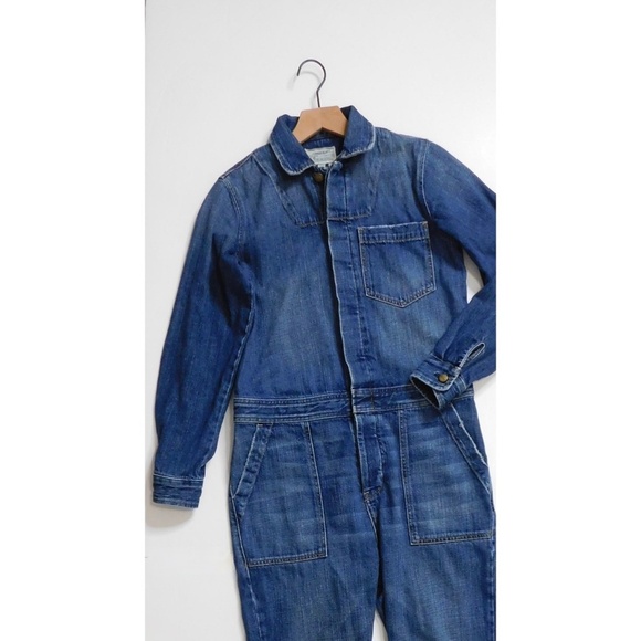 CURRENT/ELLIOTT Basic Jailbird Denim Jumpsuit Coveralls Raw Hems Pockets 0 XS - Picture 4 of 16